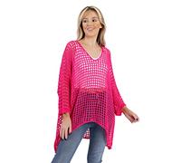 Ladies Italian Lagenlook Knitted Crochet Lace Mesh Quirky Loose High Low Layering Vest Tops Twin Set Womens T-Shirt Blouse UK Plus Size 8-22 (XL/XXL (UK 20-22), Fuchsia)