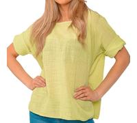Ladies Italian Plain Cotton Tunic Top Lagenlook Long Sleeve Round Neck Lightweight Casual Short Layering Top Women Shirt with Necklace Summer Tops For Women UK Lemon Yellow Ladies Blouse One Size 8-18
