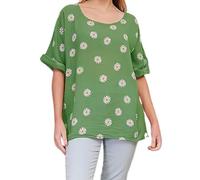 Ladies Italian Quirk New daisy print Linen Mix Lightweight Cotton Top Round Neck 3/4 Sleeves Casual Tunic crop top One Size UK (10-20) Jade Green