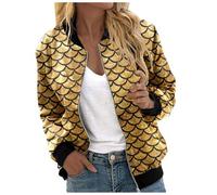 Ladies Jackets, Casual Scale Print Jacket Lightweight Outerwear For And Autumn Fashion Comfortable Loose Fit Long Sleeve Stand Collar Coat (Yellow, L)