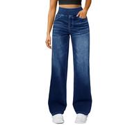 Ladies Jeans,Pull on Wide Leg Jeans for Women High Waisted Stretch Comfy Palazzo Trousers Tummy Control Straight-Leg Denim Pants with Pockets Ladies Dress Office Travel Street Everyday Wearblue