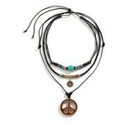 Ladies Jewellery Boho Layered Peace Sign Necklace - 3 Piece Adjustable Cord Necklaces With Turquoise Beads Wooden Peace Pendant And Charm For Hippie Bohemian And Retro
