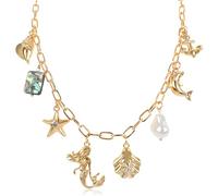 ladies jewellery Gold Charm Necklace for Women Teen Girls Hawaii Chain Necklace with Cute Dangle Mermaid Shell Pearl Starfish Conch Dolphin Ship Anchor Sea Ocean Pendant Adjustable Trendy Y2K Summer