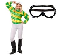 Ladies Jockey Costume - Medium - Green and Yellow Striped Jockey Costume - Jacket, Trousers, Hat, Bootcovers & Goggles Fancy Dress Outfit