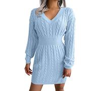 Ladies Jumper Dresses for Women V-Neck Elasticated Waist Slim fit Bodycon Knitted Sweater Pullover Dresses with Cable Patterns (Blue, S)