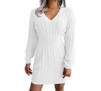 Ladies Jumper Dresses for Women V-Neck Elasticated Waist Slim fit Bodycon Knitted Sweater Pullover Dresses with Cable Patterns (White, S)