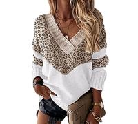 Ladies Jumper Women V Neck Leopard Print Jumpers Sweater for Women Pullover Womens Oversized Fine Cable Knit Jumper Cute Chunky Knitted Jumpers Sweaters for Women Winter Cosy Personalised Apricot L