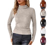 Ladies Jumpers Cable Roll Neck Jumper Ribbed Knit Turtle Neck Top Casual Solid Color Sweater Slim Fit Long Sleeve Tunic Tops for Women Lightweight Pullover Sweaters Khaki