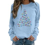 Ladies Jumpers Christmas Tree Jumper Women UK Long Sleeve Pullover Xmas Tree Print Sweatshirt Fleece Lined Sweaters Tops Crewneck Winter Casual Jumpers Christmas Holiday Sweatshirts Blouses Sky Blue