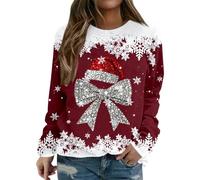 Ladies Jumpers Christmas Tunic Tops Casual Cute Sweater Christmas Bow Print Sweatshir Xmas Pullover Tops for Women Round Neck Long Sleeve Warm Party Clothes Wine