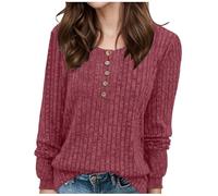 Ladies Jumpers Crew Neck Button Down Womens Sweaters Soft Long Sleeve Tops Solid Colour Jumpers for Women UK Warm Autumn Winter Women's Jumper Lounge Wear Activewear Sweater Watermelon Red