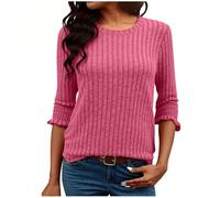 Ladies Jumpers Crewneck 3/4 Sleeve Tops Thin Knitted Sweaters Lightweight Casual Fall Blouse Shirts Knit Ribbed Jumper Soft Comfy Pullover Long Sleeve Tops Daily Leisure Tunics