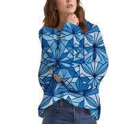 Ladies Jumpers Geometric Print Round Neck Knit Tops 2025 Autumn Winter Long Sleeve Warm Lightweight Pullover Casual Comfort Work Walk Travel Knitwear Plus Size Loungewear Blue