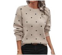 Ladies Jumpers, Polka dots Printed Round Neck Pullovers Knitted Retro Jacquard Sweater Tops Autumn Winter Warm Jumpers for Women, Long Sleeve Pullover Casual Loose Fashion Sweaters S-XL Khaki