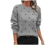Ladies Jumpers, Polka dots Printed Round Neck Pullovers Knitted Retro Jacquard Sweater Tops Autumn Winter Warm Jumpers for Women, Long Sleeve Pullover Casual Loose Fashion Sweaters S-XL Gray