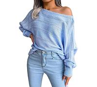 Ladies Jumpers Teal Cute Sweater Engagement Gifts Ladies Off Shoulder Strapless Hollow Casual Knit Top Casual Long Sleeve Round Shoulder Sweater Suitable for Daily Shopping Bargains of The Day Sale