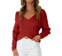 Ladies Jumpers Trendy V Neck Cross-Over Knitted Sweaters Dressy Casual Cropped Pullover Sweater Autumn Winter Elegant Knitwear Cosy Long Sleeve Workwear Jumper,Red,S