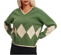 Ladies Jumpers V Neck Knitted Sweaters - Diamond Pattern,Long Sleeve,Fall,Casual,Acrylic,Loose,Spring,Autumn,Winter,Elegant Comfy Pullover Tops Green