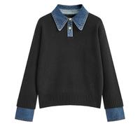 Ladies Jumpers Versatile Collar Denim Trim Loose Elegant Polo Neck Petite Knit Lazy Style Shirt Comfortable Soft Yarn Knit Sweaters for Women