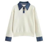 Ladies Jumpers Versatile Collar Denim Trim Loose Elegant Polo Neck Petite Knit Lazy Style Shirt Comfortable Soft Yarn Knit Sweaters for Women