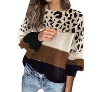 Ladies Jumpers, Women’s Leopard Print Sweater Colour Block Baggy Comfy Fall Winter Jumper Long Sleeve Chunky Sweater Crew Neck Knit Pullover Tops Knitwear Brown