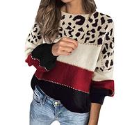 Ladies Jumpers, Women’s Leopard Print Sweater Colour Block Baggy Comfy Fall Winter Jumper Long Sleeve Chunky Sweater Crew Neck Knit Pullover Tops Knitwear Red