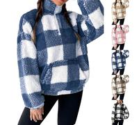Ladies Jumpers Women Sherpa Fleece Checkered Sweatshirt Warm Winter Half Zip Stand Collar Double-Sided Sweatshirts Womens Oversized Cosy Trendy Fluffy Plaid Pullover With Kangaroo Pockets Blue