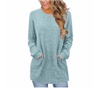 Ladies Jumpers, Womens Sweaters Knitted Pullover Lightweight Ribbed Crew Neck Plain Fleece Sweatshirts Solid Autumn Winter Cosy Long Sleeve Longline Tops Work Outfits Striped Jumpers