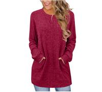 Ladies Jumpers, Womens Sweaters Knitted Pullover Lightweight Ribbed Crew Neck Plain Fleece Sweatshirts Solid Autumn Winter Cosy Long Sleeve Longline Tops Work Outfits Striped Jumpers