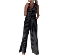 Ladies Jumpsuit UK Elegant Sleeveless V Neck Playsuits Halter Romper Loose Fit Summer Wide Leg Overalls with Belted Pockets Women Casual Striped Dungarees for Party Holiday