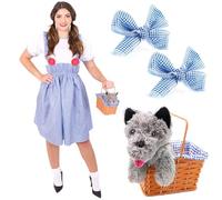 Ladies Kansas Girl Costume - Medium - Blue Gingham Dress with Matching Hair Ties, Basket with Gingham Lining, Plush Toy Dog - Kansas Girl World Book Day Fancy Dress Costume