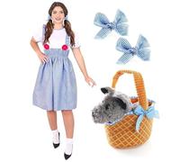 Ladies Kansas Girl Costume With Dog & Basket - Large - Blue & White Gingham Dress With White T-shirt Design, Matching Hair Ties and Soft Blue Basket With Grey Dog Toy - Perfect for World Book Day