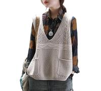 Ladies Khaki V Neck Sweater Vest Hollow Knitted Pullover with Pocket, Retro Sleeveless Sweater Vest Regular Fit Knitted Jumper Gilets Knitwear Waistcoat Top,L