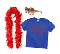 Ladies Kiss All The Time Disco Occasionally Costume Set - Royal Blue T-Shirt with Red Pixel Print, Red Feather Boa, Brown Sunglasses - Adults Womens Music Concert Tour Together Fancy Dress Costume
