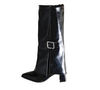 Ladies Knee High Boots Fold Over Wide Calf Ladies Walking Booties Stylish Pointed Toe Chunky Block Heel Comfortable Buckle Pull On Long Boots Outdoor Party