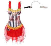 Ladies Knife Thrower's Assistant Costume - Black and White Striped Dress with Gold Tassels and Fake Knife Headband - Adults Circus Halloween Fancy Dress Costume