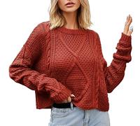 Ladies Knitted Jumper Clearance, Womens Jacquard Sweater Long Sleeve Casual Pullover Crew Neck Chunky Jumpers Cable Knit Sweaters Soft Comfy Oversize Pullovers Tunic Tops Outwear Coat Red