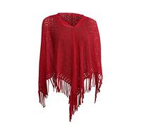 Ladies Knitted Lace Shawl Poncho Tassel Shawl Wrap Poncho Crochet Hollow Out Cape Knit Shawl Wrap for Women Ladies Fringe Poncho Cape Sweater Cape Ladies Plain Fish Net Crochet Batwing Small (Red, 均码)