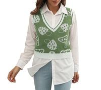 Ladies Knitted Sweater Vest V Neck Tank Top - Sleeveless Pullover Jumper with Cartoon Mushroom Pattern, Soft Knitwear Gilet for Layering with Shirts, Warm Lightweight Layer Piece