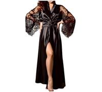 Ladies Lace Dressing Gown UK Clearance Women Long Silk Robe Maxi Satin Robes Sexy V Neck Nightwear Long Sleeve Bathrobe Nightdress Full-Length Robe Kimono Dress Cover Up Wedding Bathrobes