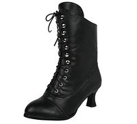 Ladies Lace Up Boots Wide Fit Block Heel Victorian Boot Vintage Gothic Steampunk Boots Mid Calf With Side Zipper Pointed Toe British Footwear Solid Color Comfortable Ankle Boot Casual Shoes
