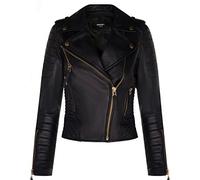 Ladies Leather Biker Jacket Quilted Matte Black Gold Zip Real Nappa Goth Fashion Moto Jacket 3XL