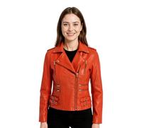 Ladies Leather Biker Orange Real Lamb Nappa Vintage Gothic Buckle Jacket