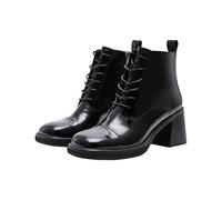 Ladies Leather Boots Black Leather Shoes Round Head Chunky Heel Boots