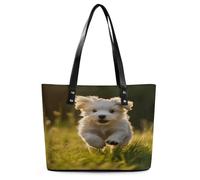 Ladies Leather Handbags Tote Bag,Puppy Crossing The Grassprinted Lightweight Leather Shoulder Bags for Women with Zipper for Work Travel Shopping