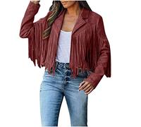 Ladies Leather Jacket Tassels Cropped Jacket Faux Suede Leather Coats for Women Uk Cowboy Style Womens Cardigan Fringe Leather Biker Jacket Women Long Sleeve Faux Leather Jacket Motorcycle Jacket