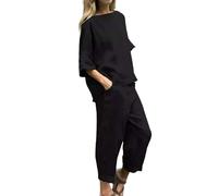 Ladies Leisure Suits Size 16 Womens Summer Casual Solid Color Crewneck Top & Pants Cotton Linen Two Set oungewear Set For Women Plus Size (Black, XXXL)