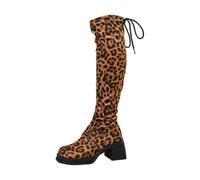 Ladies Leopard Print Suede Block Heel Knee High Boots | Ruffled long shaft boots in slip-on design, comfortable for autumn, winter, everyday life and festive occasions
