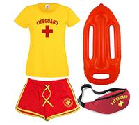 LADIES LIFEGUARD T-SHIRT SHORTS Bum Bag and Float 4 PIECE SET, Yellow/Red, Large