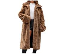 Ladies Lightweight Warm Full Zip Coat Women's Fuzzy Fleece Jacket Notch Lapel Wool Outwear With Pockets Comfort Longline Overcoat Single Breasted Tops